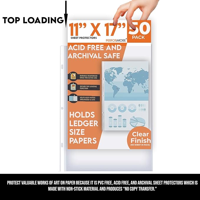 Performore 11 x 17 Sheet Protectors with 90 Microns Thick, Portrait View, Top Loading, Protect, Store and Display 11X17 Paper, Photographs, Prints, and Documents, 50 Pack