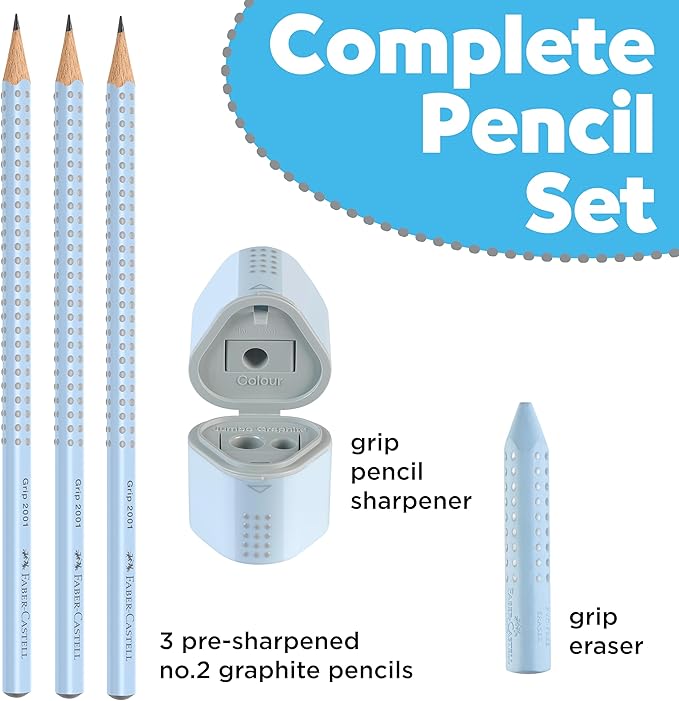 Faber-Castell Grip Graphite Pencils & Accessories Set, Sky Blue – 3 Drawing Pencils (B), Pencil Set for Sketching and Drawing, Art Pencils for Kids, Sketching Supplies