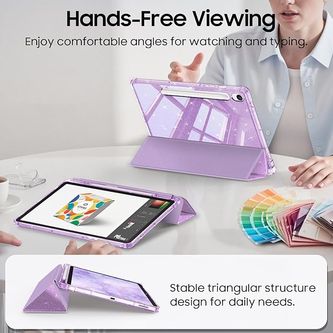 Fintie Slim Case for Samsung Galaxy Tab S10 Lite/ S10 FE/ S9 FE 5G 10.9 Inch/Tab S9 11 Inch with S Pen Holder, Glittering Sparkly Shockproof Cover with Shiny Clear Back Shell, Auto Wake/Sleep, Purple