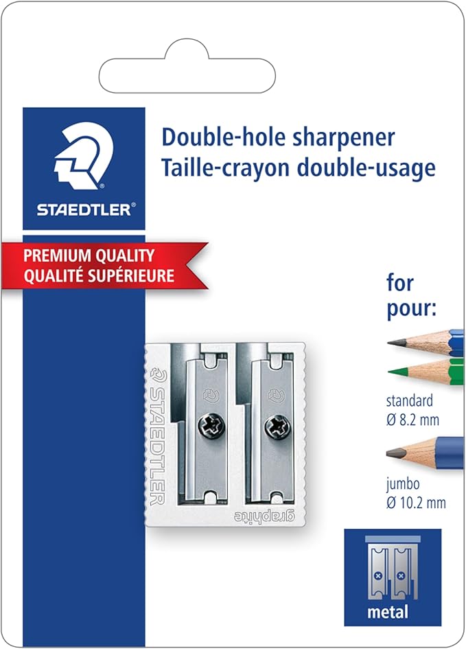 STAEDTLER Metal Double-Hole Pencil Sharpener - Precision 23° & 30° Angles for Standard & Colored Pencils - 3-Point Blade Design for Sharp Lines