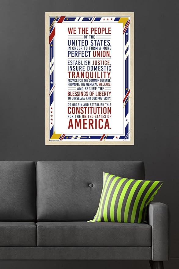 The United States Of America - Constitution Preamble Wall Poster, 34L" x 22.4W", Blonde Framed Version