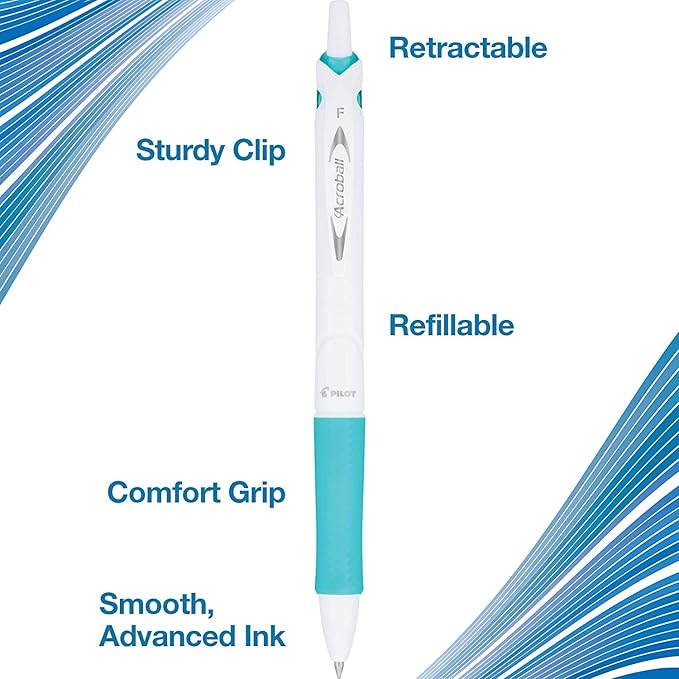 PILOT Acroball PureWhite Advanced Ink Refillable & Retractable Ball Point Pens with Assorted Accents, Fine Point, Black Ink, 14-Pack (14691)