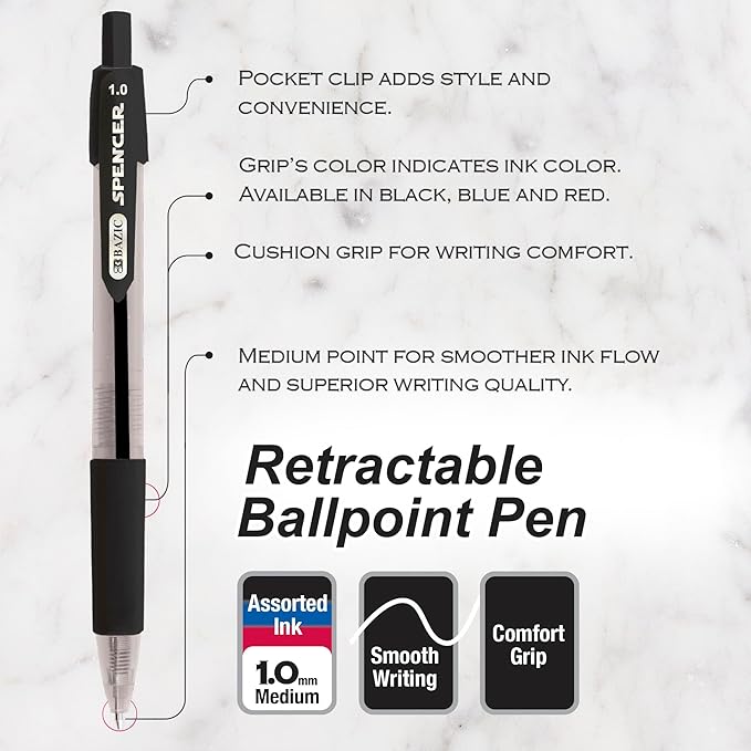 BAZIC PRODUCTS Gel Pens, Spencer Retractable Gel Pen, 1.0 mm Bold Tip for Smooth Writing for Office, School, or Teacher Use, Premium Writing Pens (5/Pack), 24-Pack