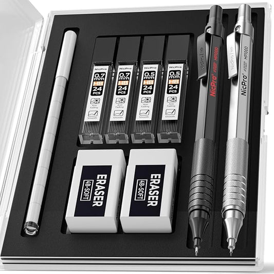Nicpro 2 PCS Mechanical Pencils 0.5mm & 0.7 mm with Case, MP1000 Metal Artist Pencil Set with 4 Tubes HB Lead Refills, 2 Erasers, 9 Eraser Refills For Art Writing Drafting Drawing, Black & Silver