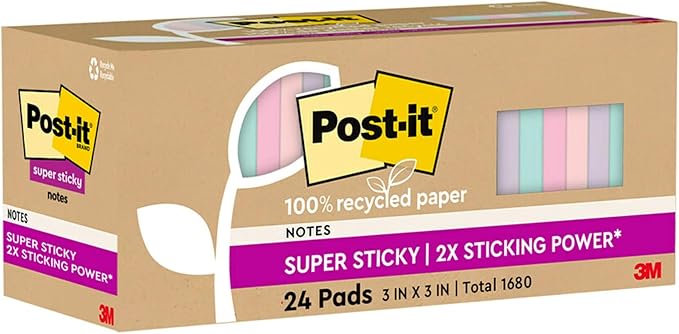 Post-it 100% Recycled Paper Super Sticky Notes, 3 in. x 3 in., 24 Pads, 70 Sheets per Pad, Wanderlust Pastels, New Year Organization or Second Semester School Supplies