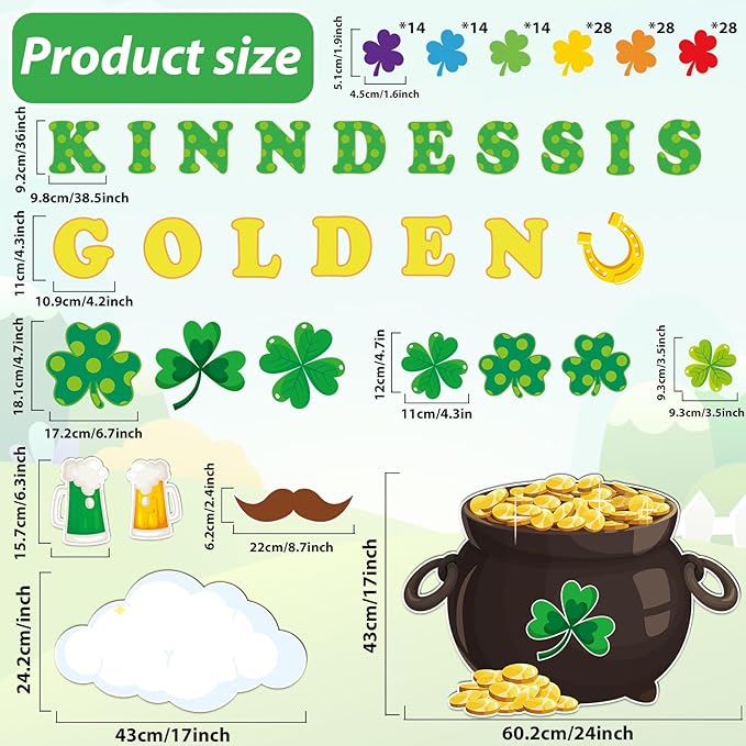 155PCS St.Patrick's Day Bulletin Board Decoration Set Shamrock Bulletin Board Decoration Kindness is Golden Cutouts for Bulletin Board St.Patrick’s Party Supply Classroom Chalkboard Wall Decor