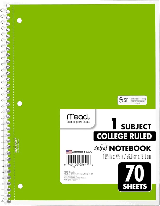 Mead Spiral Notebooks, 6 Pack, 1-Subject, College Ruled Paper, 10-1/2" x 8”, 70 Sheets per Notebook, Assorted Colors (73065)…