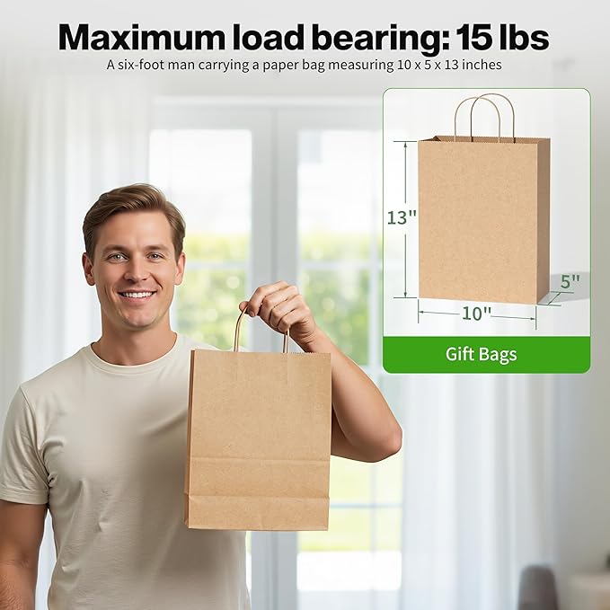 Simple Deluxe 250 Pack Kraft Paper Bags with Handles 10x5x13 - Made in USA -15 Lb Max Load - 100% Recycled Natural Brown Shopping Bags for Retail, Gifts & Merchandise (Premium 90GSM)