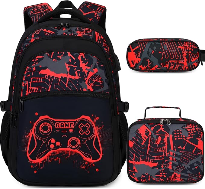 Boys Backpack for School, 3PCS Cool Luminous Gamer Backpack for Boys with Lunch Box Pencil Case, Kids Backpacks Bookbag for Teen Boy Elementary Middle High School with USB Charging Port