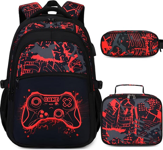 Boys Backpack for School, 3PCS Cool Luminous Gamer Backpack for Boys with Lunch Box Pencil Case, Kids Backpacks Bookbag for Teen Boy Elementary Middle High School with USB Charging Port