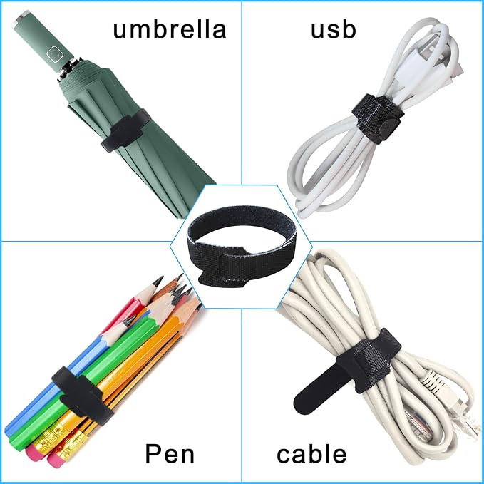 100pcs Reusable Cable Ties - Hook and Loop Cable Straps for Wire Management - 6 Inch Adjustable Cord Organizer & Wire Ties for Electronics, PC, Home Office & Garden - Black Fastening Wraps