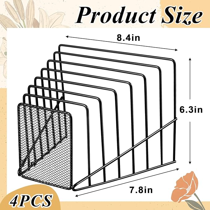 4 Pcs 7 Section Wire File Organizer for Desk, Metal Mesh Incline File Holder, Letter & Magazine Folder Rack, Desktop Paper Sorter for Home Office School (Black)
