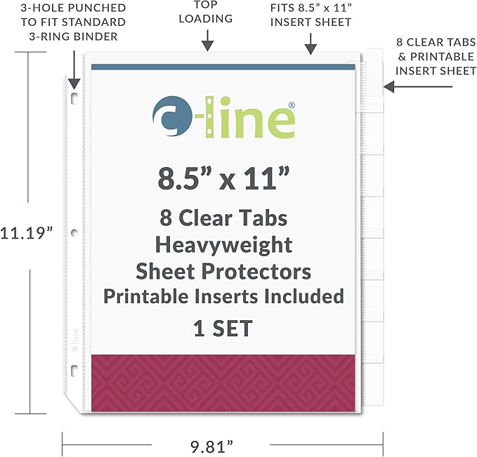 C-Line Sheet Protectors with Index Tabs, Clear Tabs, 2", 11 x 8.5, 8/Set
