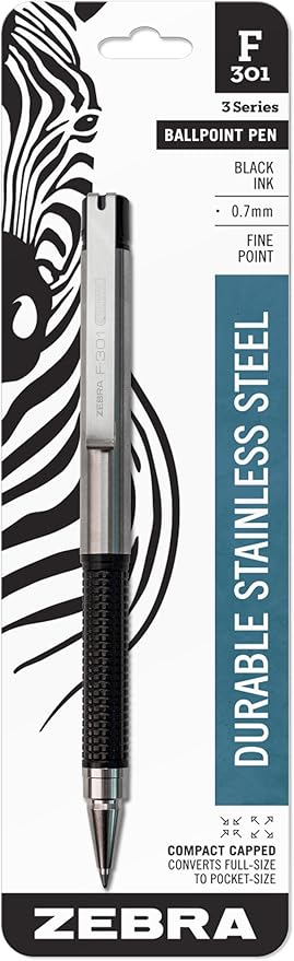 Zebra Pen F-301 Compact Ballpoint Stainless Steel Fine Point 0.7mm Ballpoint 1-Pack – Easy-Glide Ink, Non-Slip Grip, Metal Clip, Refillable with F-Refill, Professional Design (27114)
