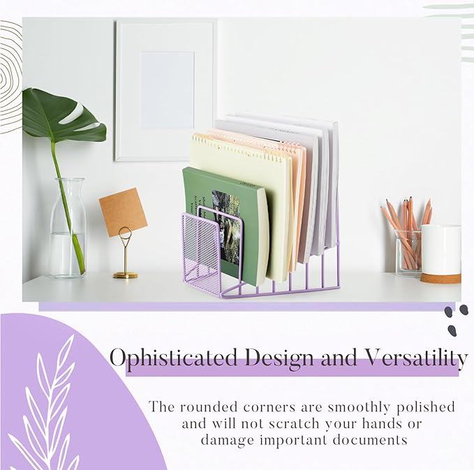 2 Pcs 7 Section Wire File Organizer for Desk, Metal Mesh Incline File Holder, Letter & Magazine Folder Rack, Desktop Paper Sorter for Home Office School (Purple)