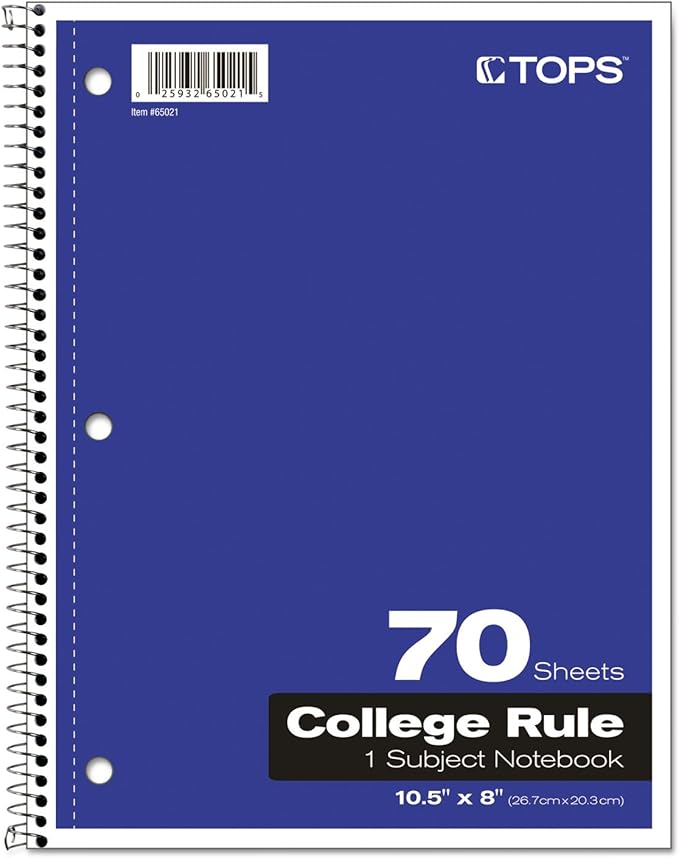 Oxford Spiral Notebook, 1-Subject, College Ruled Paper, 70 Sheets, Color May Vary, 1/Notebook (65021) (Pack of 1)