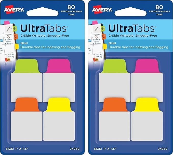Avery Mini Ultra Tabs, 1" x 1.5", 2-Side Writable, Assorted Neon Colors, 80 Repositionable Tabs (Pack of 2)