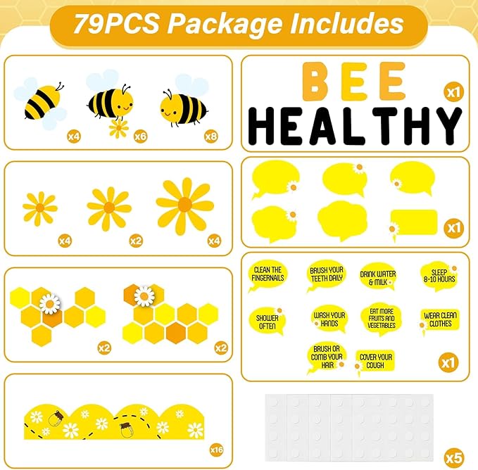 Bee Bulletin Board Decorations Set Spring Beneficial Habits Bulletin Board Bee Healthy Daisy Paper Cutouts for Classroom Back to School Home Office Teacher Chalkboard Wall Door Decor Supplies