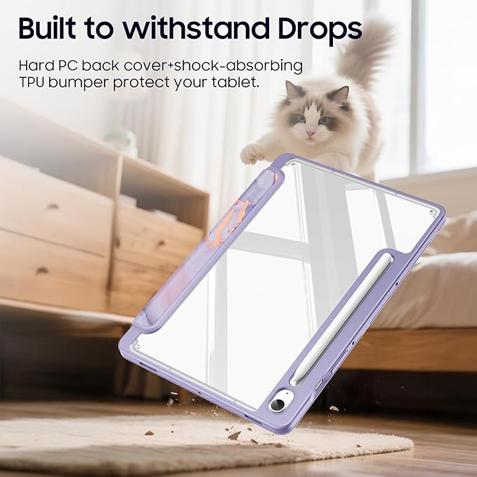 Fintie Hybrid Slim Case for Samsung Galaxy Tab S10 Lite/ S10 FE/ S9 FE 10.9 Inch/Tab S9 11 Inch with S Pen Holder, Shockproof Cover with Clear Transparent Back Shell, Auto Wake/Sleep, Lilac Marble