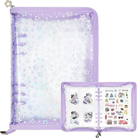 Sticker Organizer Binder - Reusable Sticker Collecting Book Storage Album Holder with Pocket Pages A5 Zipper Cover Collection Container (Purple)
