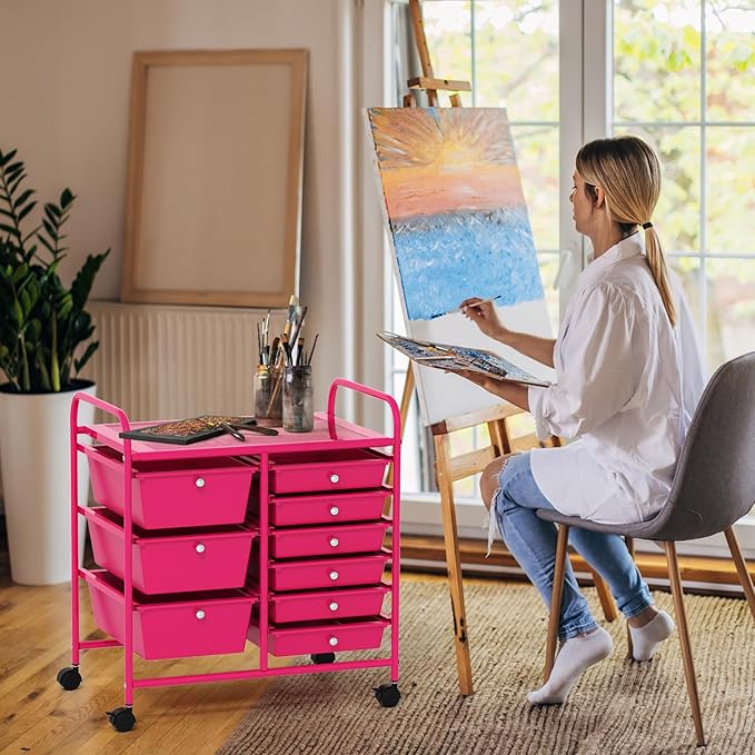 COSTWAY Rolling Storage Cart with 9 Drawer, Mobile Utility Cart with Metal Frame, Art Supply Craft Organizer, Multipurpose Storage Organizer for Paper, Office, School Teacher, Classroom, Hot Pink