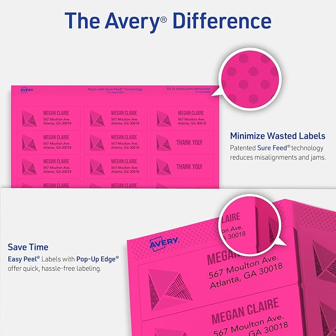 Avery Printable Labels with Sure Feed, 2" x 4", Assorted Neon Colors (Green, Magenta, and Yellow), Removable Adhesive, Laser & Inkjet Compatible, 120 Blank Labels Total (6481)