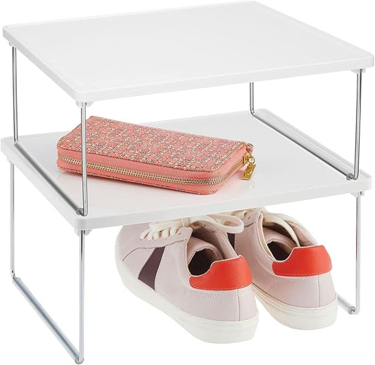 mDesign Metal Stacking Storage Organization for Shelves Inside Closet in Bedroom, Bathroom, Hall, or Entryway - Organizer Stand for Clothing, Linen, Household Items, Ligne Collection, 2 Pack, White