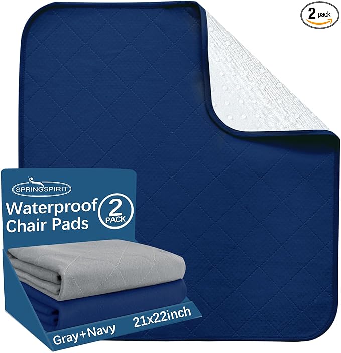 Waterproof Chair Pads for Incontinence Washable 22'' x 21'', 2 Pack Absorbent Seat Protector Pee Pads for Adults, Elderly, Kids, Toddler and Pets, Grey and Navy