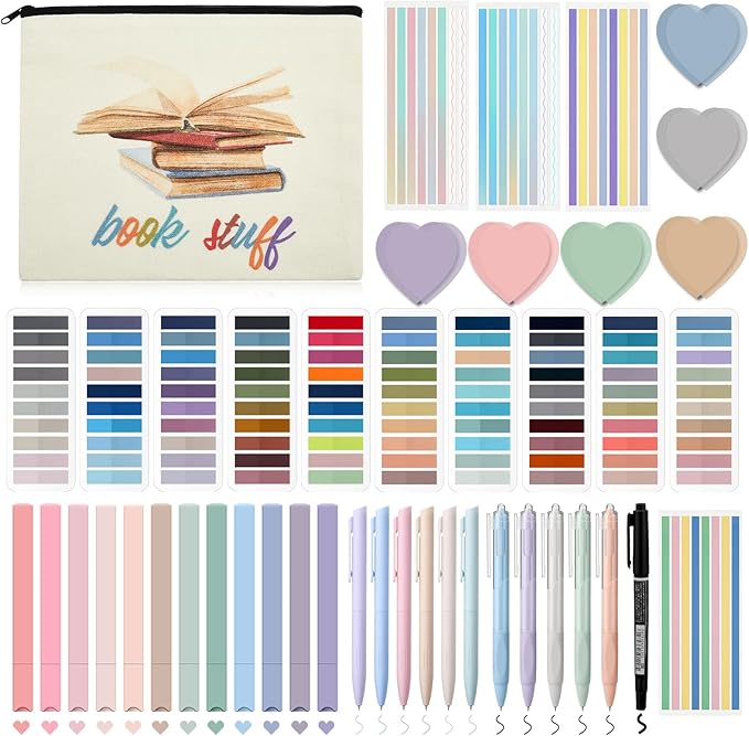 Book Annotation Kit, Aesthetic Bible Study Journaling Kit, 2640 Pcs Sticky Tabs, 300 Sticky Notes, 11 Gel Ink Pen, 12 Highlighter Marker, Pencil Case Pouch for Book Lover(Heart)