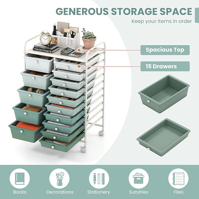 COSTWAY 15 Drawer Rolling Storage Cart, Mobile Utility Cart with Lockable Wheels, Drawers, Multipurpose Organizer Cart for Home, Office, School, Gradient Green