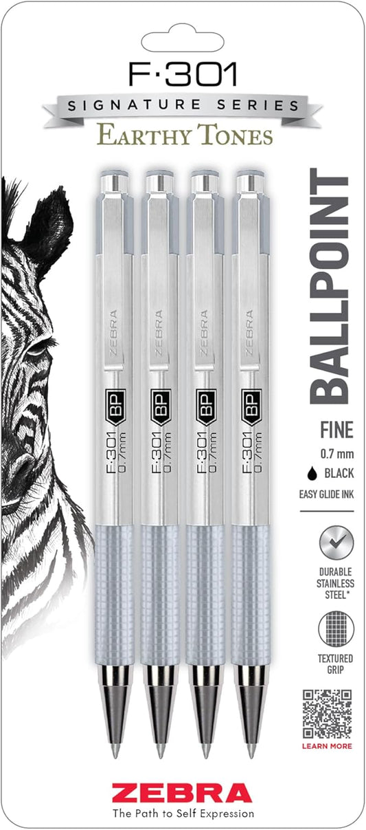 Zebra Pen F-301 Signature Series Retractable Ballpoint Pen, 0.7mm, Black Easy-Glide Ink, Stainless-Steel Barrel, Pewter Earth Tone Accents, Ideal for Office, Journal and Planner Use, 4-Pack (27214)