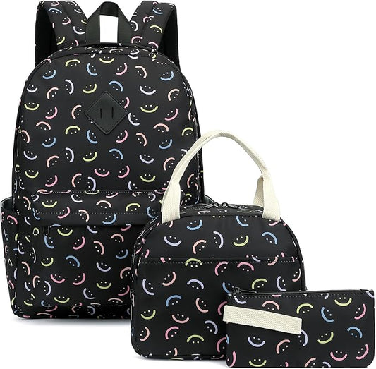 School Backpack for Girls, 3PCS Bookbags Set with Lunch Box Pencil Pouch Elementary Middle School Bag Laptop Back Packs (Smile Black)