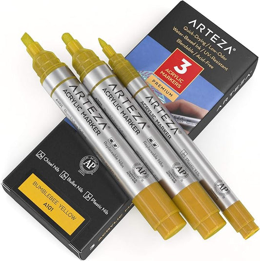 ARTEZA Acrylic Paint Markers, Pack of 3, A101 Bumblebee Yellow, 1 Thin and 2 Thick, Chisel + Bullet Nib, Paint Pens for Canvas, Rock, Glass, Wood