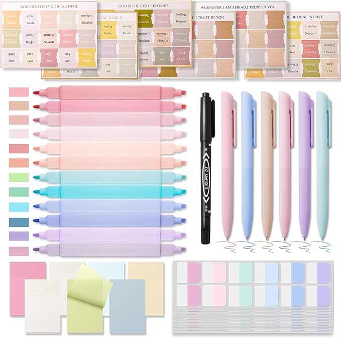 XKDOUS 44 Pcs Bible Study Supplies Journaling Kit for Women, Bible Study Kit Includes Highlighters, Pens, Tabs, Sticky Notes & More for Journaling. Great for Note-Taking, Enhancing Scripture Study