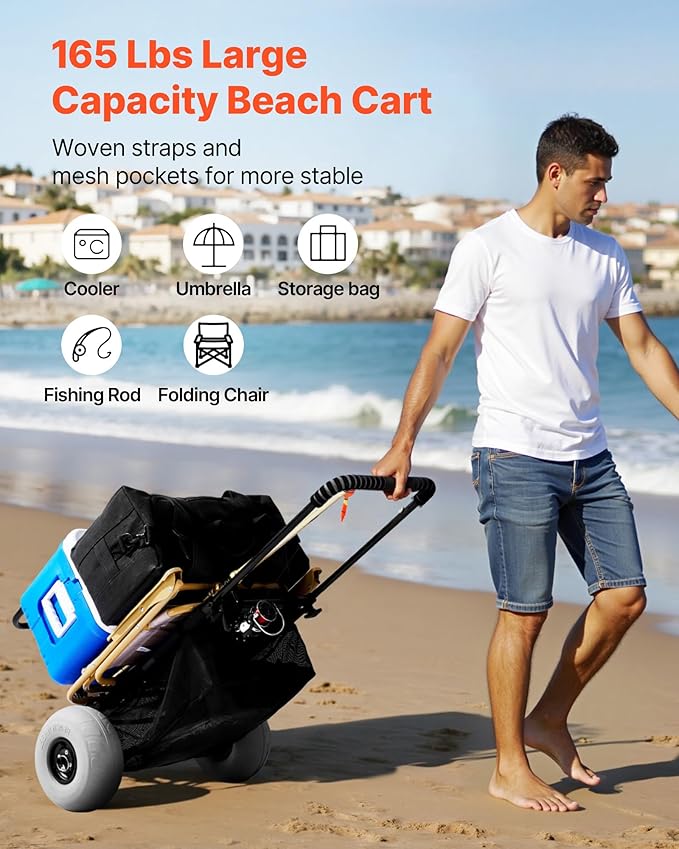 VEVOR Beach Dolly with Big Wheels for Sand, 20.1" x 14.6" Cargo Deck, w/ 9" Balloon Wheels, 165LBS Loading Capacity Folding Sand Cart & 27.2" to 44.9" Adjustable Height, Heavy Duty Cart for Beach