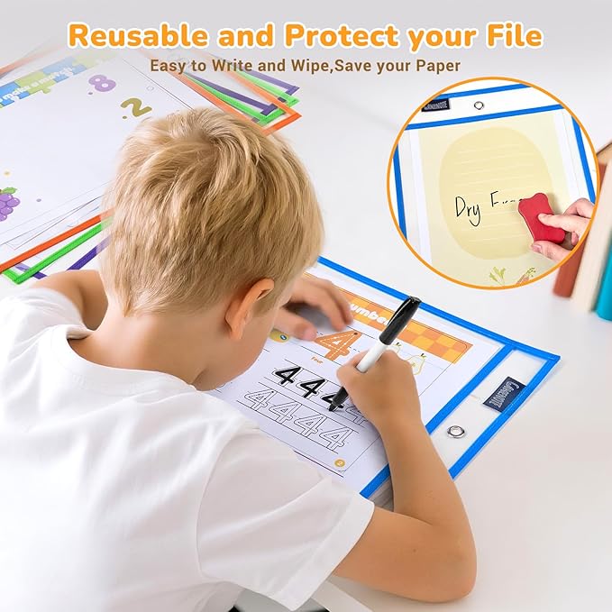Gamenote 55 Pack Dry Erase Pockets with 5 Rings, 11 Assorted Colors 10x14 Oversized Reusable Plastic Sleeves, Clear Sheet Protectors, Teacher Supplies for Classroom Organization