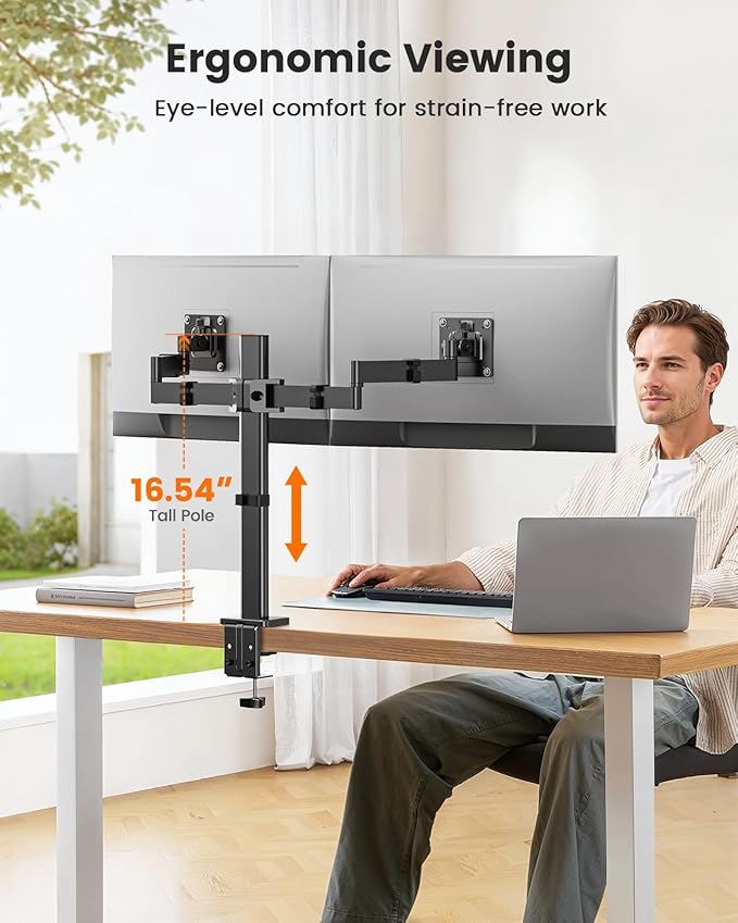 ErGear Dual Monitor Stand for 17-32 inch, Dual Monitor Mount with Adjustable Tilt, Swivel, Rotation, Tiered Arms for Extra Height, Supports 22 lbs per Arm