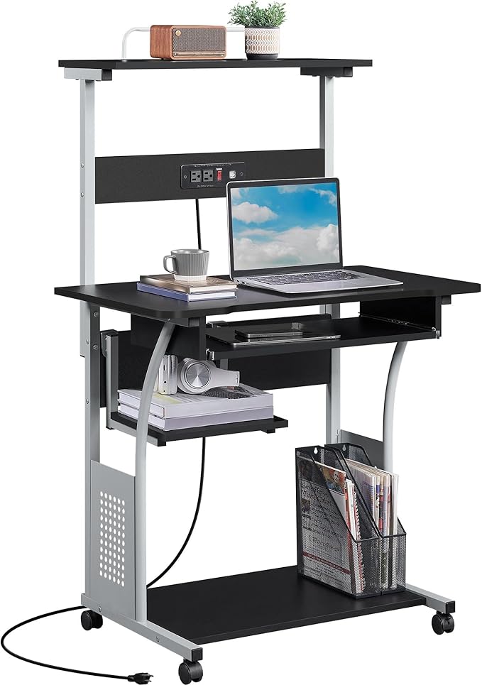 Yaheetech Mobile Home Office Desk with Power Outlet and 2 USB Charging Ports for Studying, 3 Tiers Computer Desk with Keyboard Tray and Charging Station, Rolling PC Laptop Table for Small Space, Black
