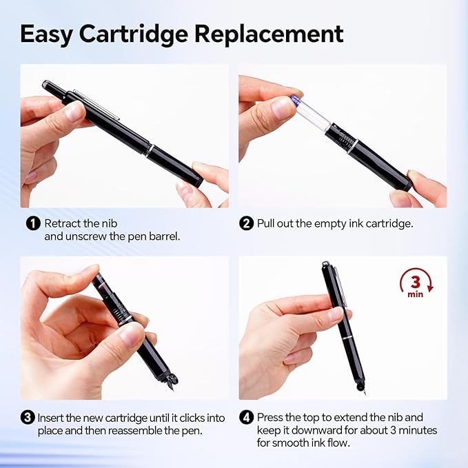 WRITECH Retractable Fountain Pen Set: Fine Nib Black Ink Pens Includes 5 Ink Cartridges Smooth Writing for Sketching Journaling Calligraphy Gift (Black)
