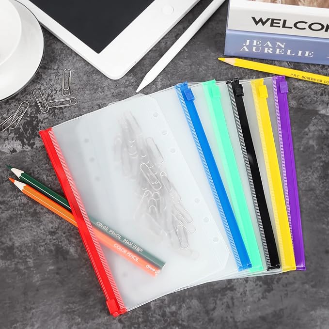 60pcs Binder Pockets 6 Holes Zipper Folders Clear PVC Card Loose Leaf Bags Cash Envelopes for Budgeting Binder Waterproof Document Filing Bags for 6 Ring Notebook Planner Inserts