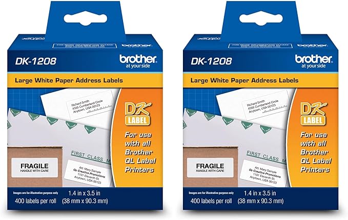 Brother, Die-Cut Large Address Labels, DK-1208, Brother Genuine Labels, Long Lasting Reliability, Die-Cut Large Address Paper Labels, 400 Labels per Roll, (1) Roll per Box (Pack of 2)