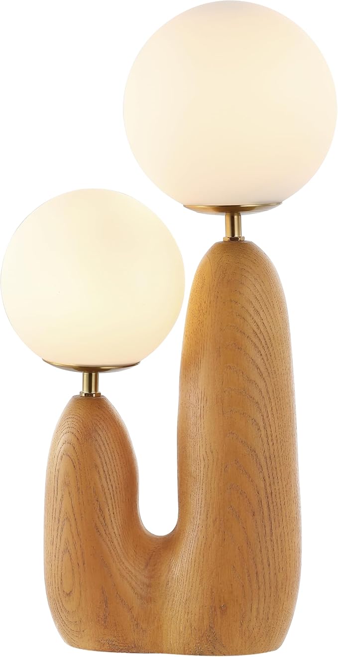 JONATHAN Y 17.75" Brown Wood Finish/Brass Gold Modern Bohemian Danish Cactus LED Table Lamp, 2-Light Mid-Century Minimalist Desk Light for Bedroom Living Room, Frosted Glass Globe Shades JYL4065A