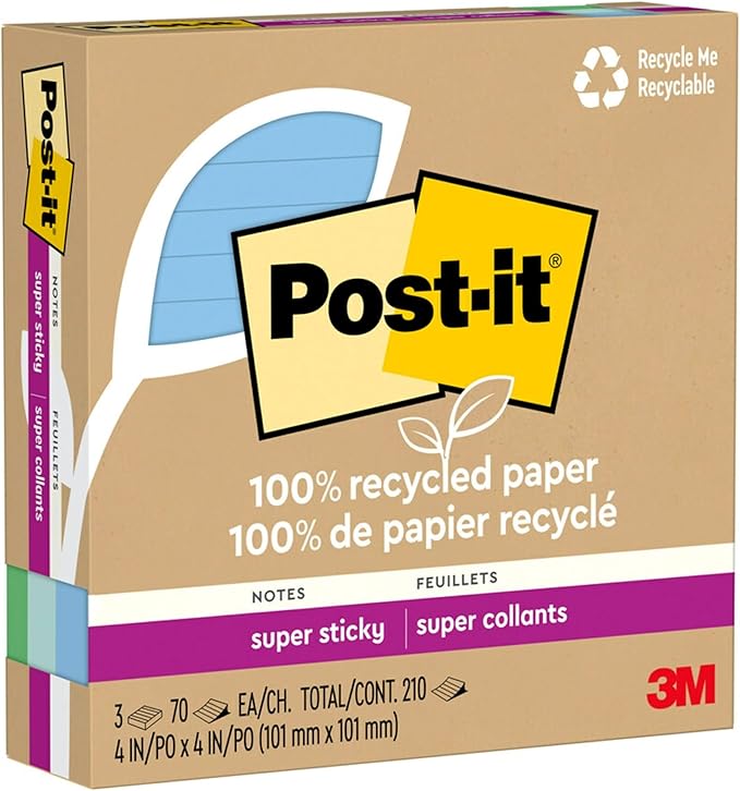 Post-it 100% Recycled Paper Super Sticky Notes, Lined, 4 in. x 4 in., 3 Pads, 70 Sheets per Pad, Oasis Collection, New Year Organization or Second Semester School Supplies