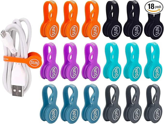 SUNFICON 18 Pack Magnetic Cable Clips Cable Organizers Earbuds Cords Winder Bookmark Clips Whiteboard Noticeboard Fridge Magnets USB Cable Manager Keeper Wrap Ties Straps