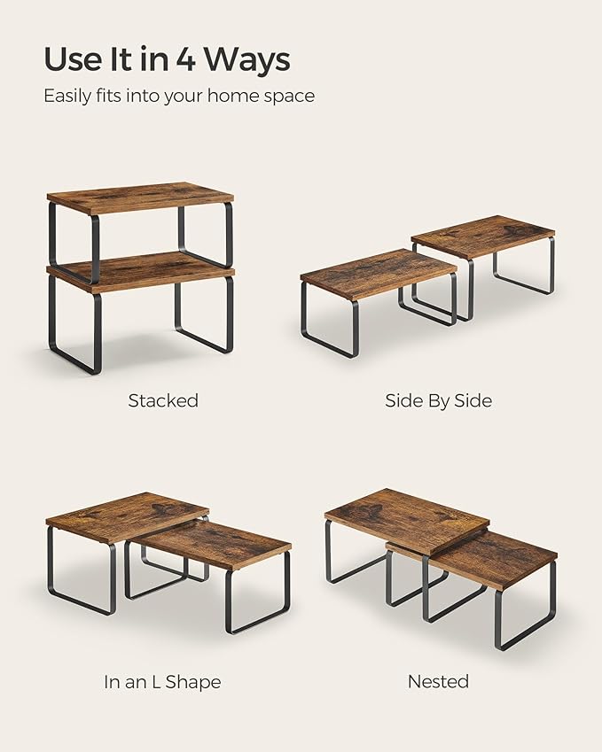 SONGMICS Cabinet Organizer Shelf, Set of 2 Kitchen Counter Shelves, Kitchen Storage, Spice Rack, Stackable, Expandable, Metal and Engineered Wood, Ink Black and Rustic Brown UKCS020X01
