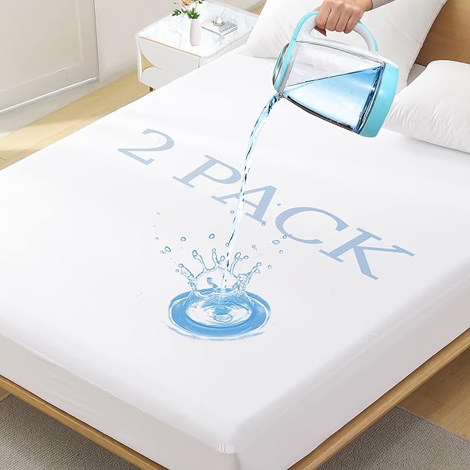 2 Pack King Size Premium Waterproof Mattress Protector, Soft Breathable Mattress Pad, Noiseless Waterproof Bed Cover - Stretch to 21" Fitted Deep Pocket Mattress Protection