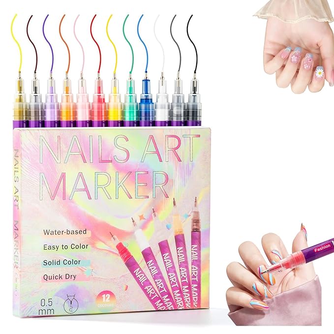 12 Colors Nail Art Marker Pens Set, 2026 Upgraded Fine Tip (0.5mm) Nail Markers, Quick-Dry Nail Polish Pens for DIY Nail Art, Dotting/Drawing/Liner, Nail Art Design Tools for Adult and Kids