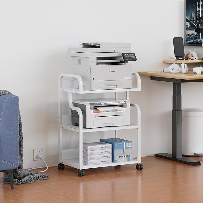 VECELO Large Printer Stand with Power Outlet, 3-Tier Rolling Cart with Lockable Wheels, Heavy Duty Utility Table for Home Office, 18.9"x23.6"x30.2", White