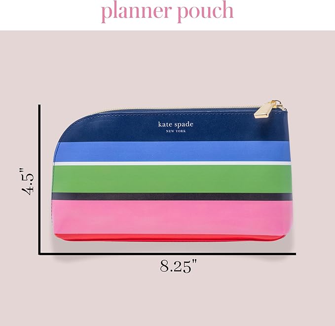 Kate Spade New York Zipper Pouch Filled with Planner Stickers and Accessories, Set Includes Notepad, Sticker Tabs, Black Ink Pen and Holder, Vegan Leather Accessory Bag, Sunny Day Stripe