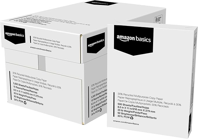 Amazon Basics 30% Recycled Multipurpose Copy & Print Paper, 8.5 x 11 Inches, 20 lb Weight, 92 Bright, White, FSC Certified, 5000 Sheets (10 Reams)